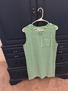 LOFT Green and White Striped Sleeveless Shift Dress with Chest Pocket